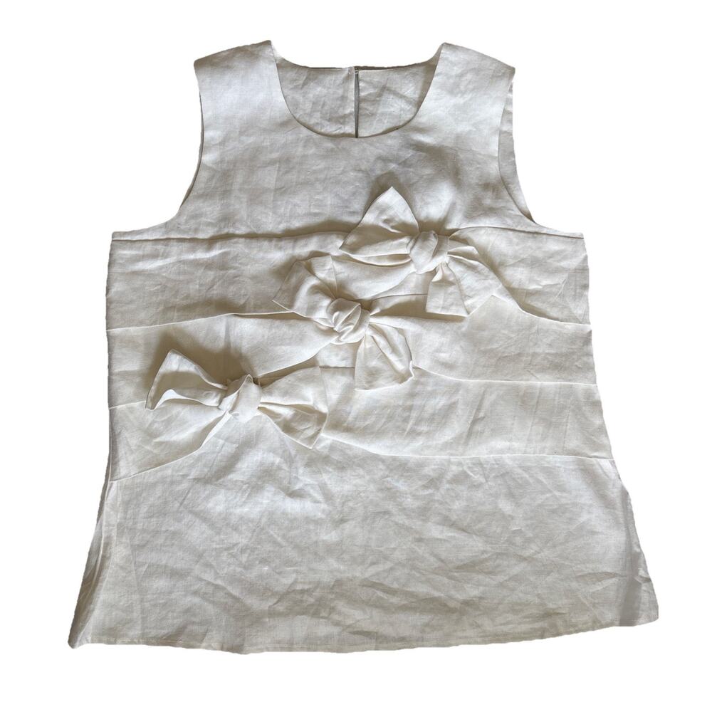 NWT White Linen Sleeveless Top With Bows Sz L Modern Minimal Coquette Romantic